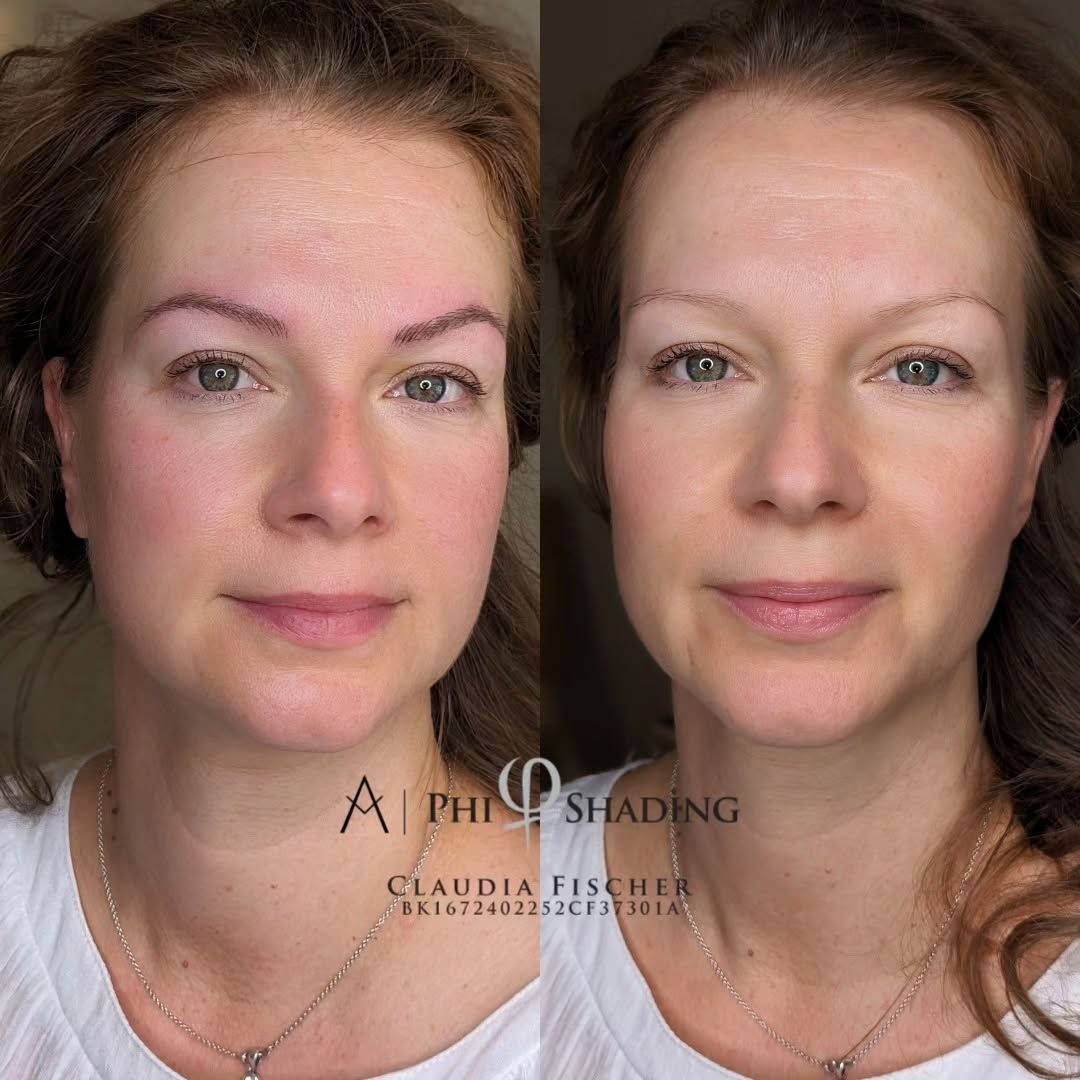 Vorher-Nachher einer Microblading-Behandlung — symmetrische, definierte Augenbrauen.